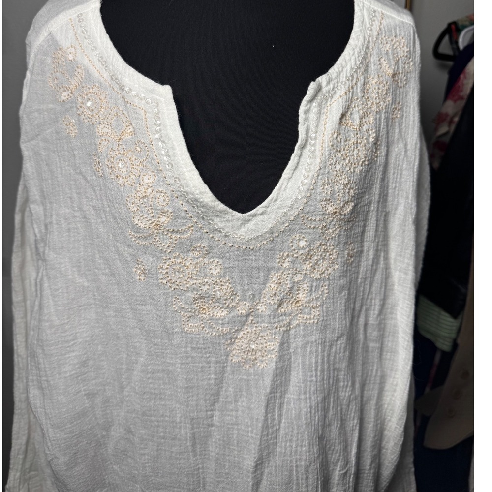 Islander White Embroidered Gauze Tunic Split V-Neck Sequin Boho Blouse cover up